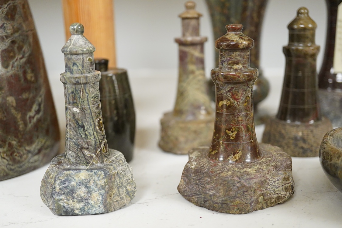 A collection of cornish serpentine to include a desk thermometer, map base and pin dish, largest 19cm high